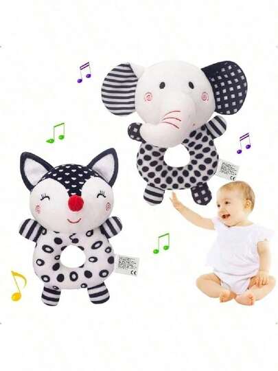 Black & White Baby Rattle Toys, Newborn Stroller Toys Soft Elephant Fox Spiral Toys, Hanging Baby Toys High Contrast Black & White Animal Rattles Musical Toys, Sensory Toys For Infant Boys Girls, Gifts For 0+ Months
