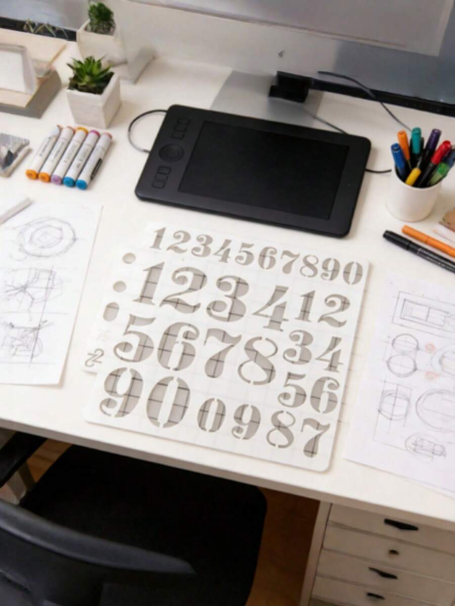 1/4/8pcs Printed Letter Outline Stencils - Durable Plastic Numbers & Symbols For DIY Crafts, Calligraphy, Writing Practice - Suitable For Beginners & Professionals, Reusable For Painting, Handmade, Sign Making, Wall Decor, Scrapbooking, Includes 0-9 Numbers & Various Symbols