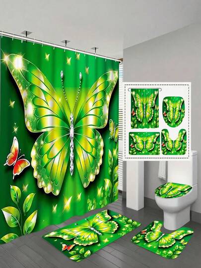 1/3/4件套浴室帘，春绿色菱形蝴蝶法兰绒海绵垫，柔软防水防滑浴室地毯，U型马桶垫，优雅现代设计，乔迁礼物，易于安装 - 送给亲朋好友的完美礼物，适合所有季节和节日