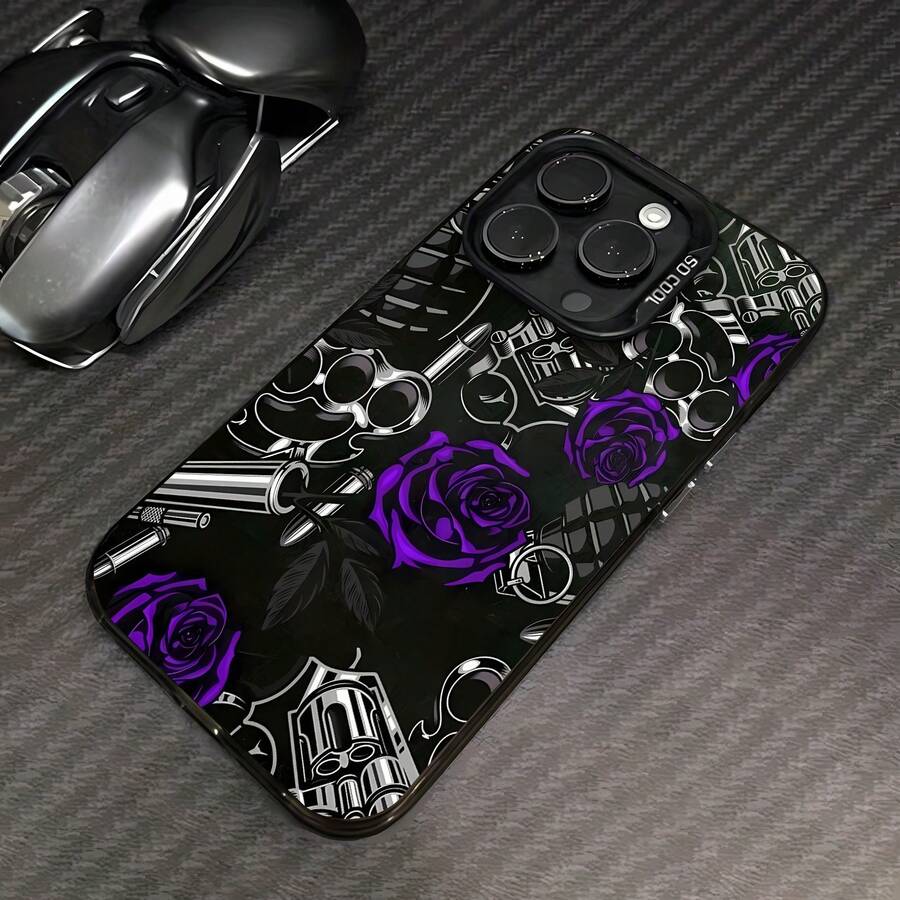 Tema de rosas moradas, pistolas y nudillos de latón.funda de teléfono Fundas compatibles con ,Apple,VIVO,OPPO,,, y Honor.Fabricadas en silicona TPU,ofrecen protección contra golpes y caídas. - Negro - Ver 1