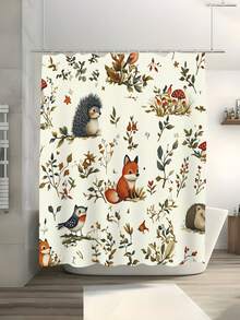 4pcs/Set Forest Animal Pattern Bathroom Shower Curtain Set, Vintage Countryside Style, Includes 12 Hooks, 72"X72", Also Comes With Toilet Seat Cover, Bath Mat And Rug; Made Of High-Quality Polyester Fabric, Washable And Mildew-Resistant, Suitable For Holiday Decoration, Bathroom, Room, Bedroom Decor, Bathroom Accessories, Kitchen Decor, Western-Style Bedroom Curtains, Western-Style Residence And Mother's Day Theme Decoration. - Fox - View 11