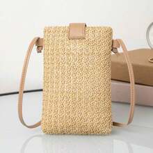 Fashionable Woven Grass Mobile Phone Bag Crossbody Bag, Eye-Catching Beach Bag Summer, Summer Straw Beach Bag For Women, Fashion Summer Vacation Bag, Beach Essentials Women Bags For Vacation & Holiday, Newest Holiday Bag , Beach Bag, Woven Bag - Màu Khaki - Xem 3