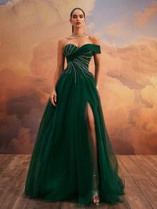 VIPGIRL亮片网纱拼接优雅女士晚礼服 - 墨綠色 - 查看 6