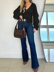 Women's Elegant V-Neck Ruffle Hem Asymmetric Button-Front Casual Chiffon Blouse, Long Sleeve Black Summer - Black - View 4