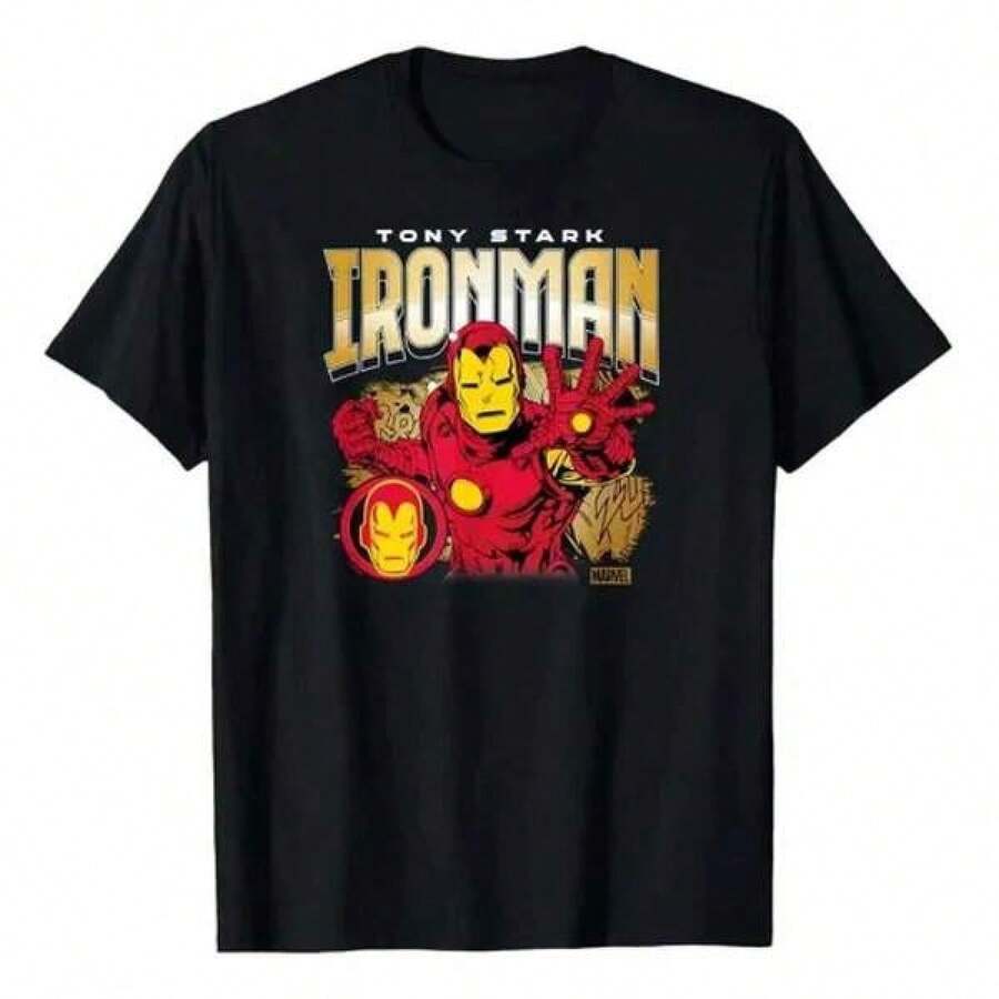 Printed Round Neck T-Shirt Camiseta   Con Estampado De Tony Stark, Diseño,Summer New Style American Retro Letter Printed Short Sleeved T-Shirt For Men Loose Street Top,1 Piece,Family Matching Outfits, Heart & Slogan Bodybuilding Top Boyfriend Style Casual Wear - 黑色 - 查看 1