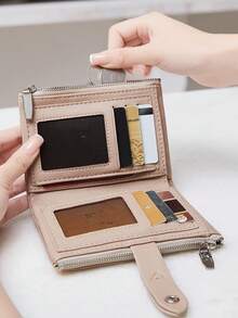 MIYIN New Women Snap-Buttoned Short Wallet Delicate Soft PU Double Layer Zipper Coin Purse Card Slots Minimalist And Fashionable Lightweight Wallet Purse Wallet Mini Wallet Small Wallet For White-Collar, College Students, Business, Office, Anniversary, Couples, Birthday, Valentine's Day, Teacher's Day Gift, Women Purse, Clutch, Small Wallet - Apricot - View 4