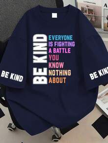 Be Kind To Everyone Is Fighting Graphic Round Neck T-Shirt, Plus Size Women Casual Summer Top, Fashionable Printed Short Sleeve. Suitable For Summer Vacation, Beach, Holiday, Spring Wear - Navy Blue - View 3