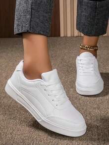 Tenis planos minimalistas blancos para mujer con detalles decorativos y cordones, de estilo casual y deportivo, zapatos versátiles para mujeres - Blanco - Ver 12