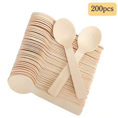 10/50/100/200 Pcs Mini Disposable Wooden Spoons, Large Head Spoons, Dessert Spoons For Restaurant, Wooden Craft Spoons, Wooden Spoon Samples, Party, Cake Spoons Chocolate Stirrers For Party Supplies, Gatherings, Holiday Celebrations, Christmas, Halloween, Thanksgiving