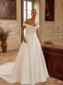 Elegant Off-The-Shoulder Satin A-Line Wedding Dress With Cowl Neckline And Detachable Train, Featuring A Fitted Bodice, Flowing Skirt With Side Pockets, And A Button-Trimmed Back, Crafted From Premium Heavyweight Mikado Satin For A Smooth, Lustrous Finish, Designed For Spring Summer Fall Winter Indoor Grand Ballroom - trắng - Xem 4