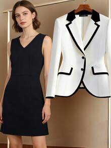 HOMEYEE 两件套：双排扣西装外套和无袖连衣裙，优雅商务休闲装，适合各种场合和度假穿着，白色春季款 - 白色 - 查看 1