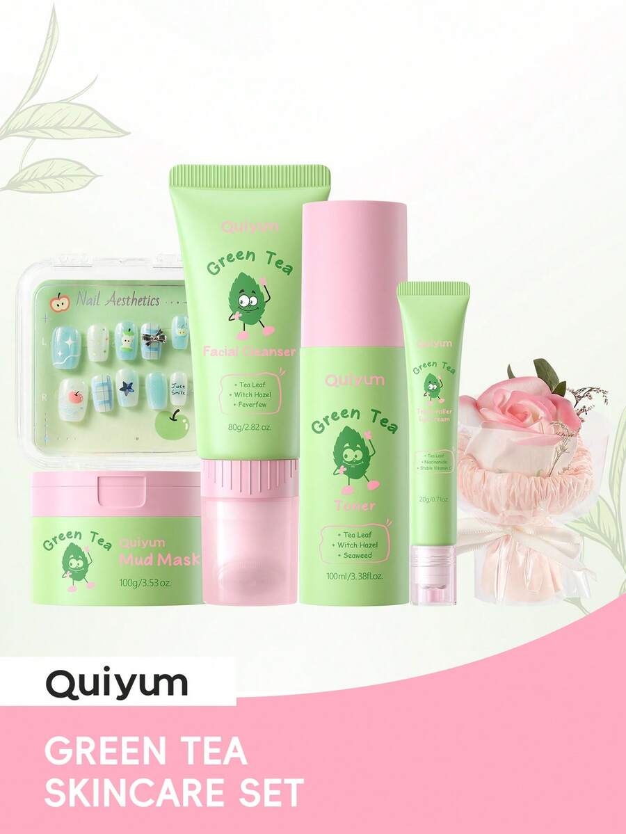 1套 QUIYUM 綠茶保養套組,保濕控油抗皺,粉色浪漫 A3 口袋皂花蘋果裝飾,泥膜 100g、洗面乳 80g、化妝水 100ml、三滾輪眼霜 20g,深層滋養細緻毛孔自我呵護套組 - 綠茶 - 查看 1