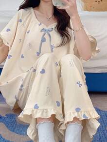 Set Pakaian Tidur Wanita 2 Potong, Gaya Pedesaan Prancis, Leher Bulat Bernapas, Lengan Pendek, Celana Pendek, Motif Bunga Kecil, Bra Terintegrasi, Musim Panas - Aprikot - View 4