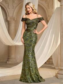 Vestido de dama de honor con escote en V, tirantes finos, fruncido y silueta de sirena con parches de lentejuelas, vestido elegante de noche ajustado para boda y fiesta de primavera - Verde Oliva - Ver 2