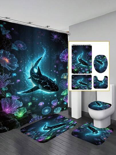 Bộ đồ dùng phòng tắm hình cá mập biển sâu neon (1/3/4 món), trang trí nhà cửa, rèm phòng tắm, bộ rèm tắm, bộ đồ dùng phòng tắm đầy đủ, bao gồm bộ rèm tắm và thảm trải sàn.