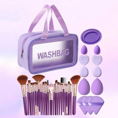 38件套化妆工具套装，包括：1个多功能拉链防水化妆包+25支化妆刷套装+2个化妆海绵+2个迷你化妆海绵+3个三角粉扑+4个迷你气垫粉扑+1个化妆刷清洁工具