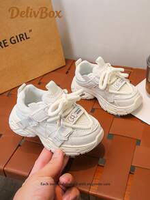 1 Pair Girls Thick Sole Hook And Loop Breathable Platform Chunky Sneakers - Beige - View 3