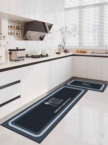 3.5mm Thick Absorbent Rubber Kitchen Mat, Large Or Small Rug With Layered Gray-Blue Rounded Border, Center Features White Line Drawings Of Kitchen Utensils And "EVERYDAY IS A BEAUTIFUL DAY" Slogan, Versatile Decor Carpet That Can Be Trimmed To Fit Kitchen, Surface Fabric, Middle Foam Layer, Bottom Rubber Layer - Multicolor - View 8