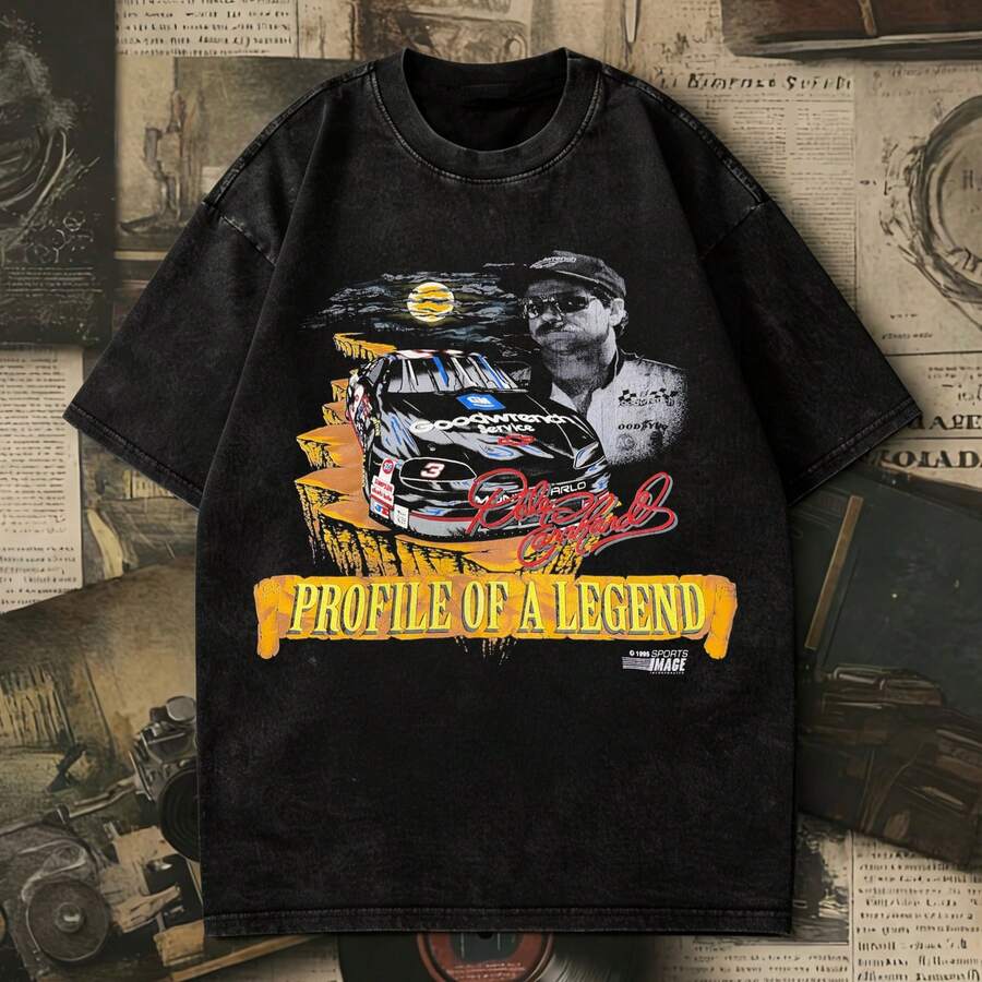 Vintage Washed Dale Earnhardts 3 Profile Of A Legend Nascars T-Shirt, Retro Distressed Oversized Racing Tee, Goodwrench Monte Carlo Graphic Streetwear. - 黑色 - 查看 1