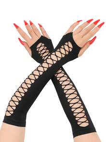 1 Pair Vintage Party Cosplay Women's Mid-Length Hollow Cross Net Elastic Arm Sleeves, Sexy Dark Style Suitable For Nightclub, Party, Halloween, And Daily Wear,Travel,Festival - A Pair Of Hollowed-out Arm Sleeves - View 2