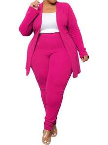Women's Plus Size Elegant Solid Pant Suit Set - Open Front Long Sleeve Blazer & Elastic Waist Trousers Workwear - Hot Pink - View 2