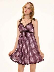 ROMWE Kawaii Spring/Summer Valentine's Day Plaid Ruffle Tie Casual Loose Women Mini Dress - Brown - View 6