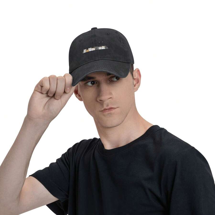 1pc Vintage Washed Cat Print Baseball Cap Compatible For & - Retro Unisex Outdoor Hat Suitable For Golf, Truck Driving, Casual Wear - Cat-Themed - 黑色 - 查看 1