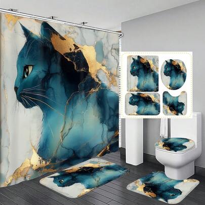 1件/4件套猫咪大理石纹浴室装饰浴帘套装，赠送12个挂钩，营造优雅假日氛围，包含浴室地垫、U型马桶垫和圆形马桶垫，适用于各种场合。