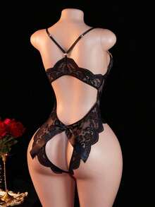 1pc Women's Black Open Crotch Lace Bodysuit, Backless Sheer Bowknot Bodystocking, Suitable Home Or Private Party Use, Lingerie - 黑色 - 查看 4