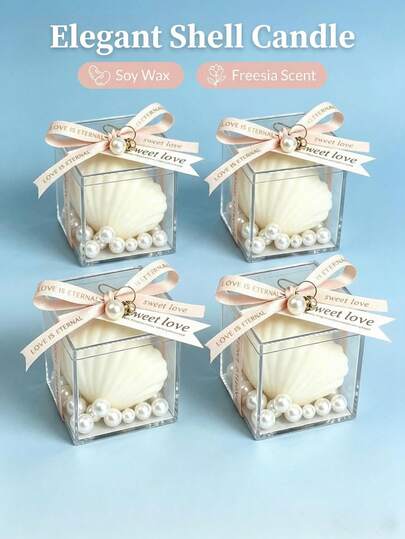 优雅贝壳造型大豆蜡香氛蜡烛，小苍兰香型，珍珠装饰，美观的房间装饰，婚礼回礼，新娘送礼会礼物，送给女性闺蜜的礼物，家居装饰，送给她的生日礼物，成人礼物