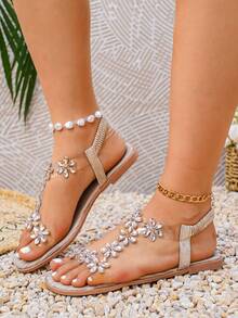 Teens' Flat Sandals, Summer School Style Rhinestone Transparent Open Toe Casual Sandals For Girl Students - Champagne - View 6