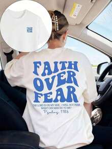 1pcs Plus Size Women's T-Shirt, Printed With "FAITH OVER FEAR" And Bible Verse Designs On The Back, Suitable For Church Services, Religious Activities - White 2 - 查看 22