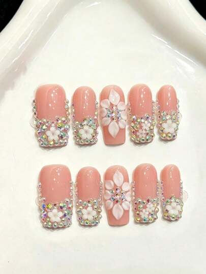 10PCS Long Square Handmade Press On Nails For Party And Daily Wear,Pink Colors Nails, White Flower,Nude Pink Transparent 3D Handmade Carved Full Rhinestone Press-On Nails,Summer Nails, Flowers Nails,Shiny And Dazzling, Easy To Wear 10pcs Y2K Handmade Press On Nails,Shining Bright , Nails,Suitable For Girls And Women Festivals Parties And Daily Wear