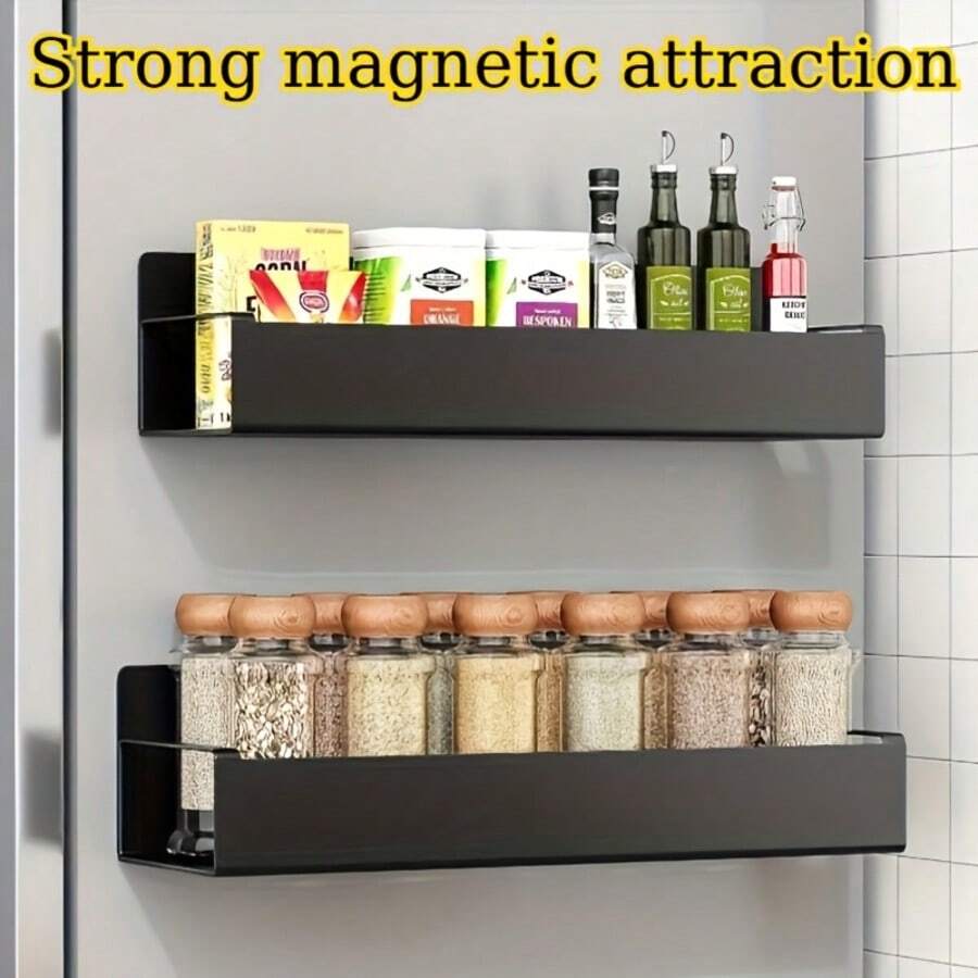磁性冰箱搁架 | 免打孔多功能厨房调味品架，强力磁性调味品架，免钉，无残留，节省空间，现代风格，灰色饰面，悬挂式搁架。