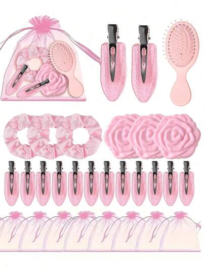 Bộ quà tặng gương hoa hồng 18/6 món, gương hình hoa hồng, dây buộc tóc satin màu hồng với nơ organza và cọ trang điểm, quà tặng tiệc cưới, quà tặng tiệc màu hồng, quà tặng bất ngờ Ngày của Mẹ, gương trang điểm hai mặt màu vàng hồng, thích hợp làm quà tặng đám cưới, quà tặng khách mời Ngày của Mẹ, quà tặng phù dâu phù rể, quà tặng sinh nhật, mùa hè, bãi biển.