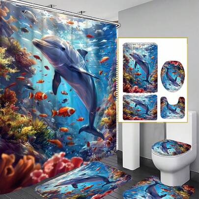 1/3/4件套彩色鱼海豚浴室套装，家居装饰，浴室帘，浴帘套装，全套浴室用品，包括浴帘和地垫套装。