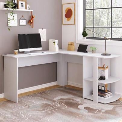 (= Wf314182aaa) 140cm Corner Computer Desk, L-Shaped Corner Table With 2 Shelves, Height 75 / Width 140 / Length 140 Cm, White