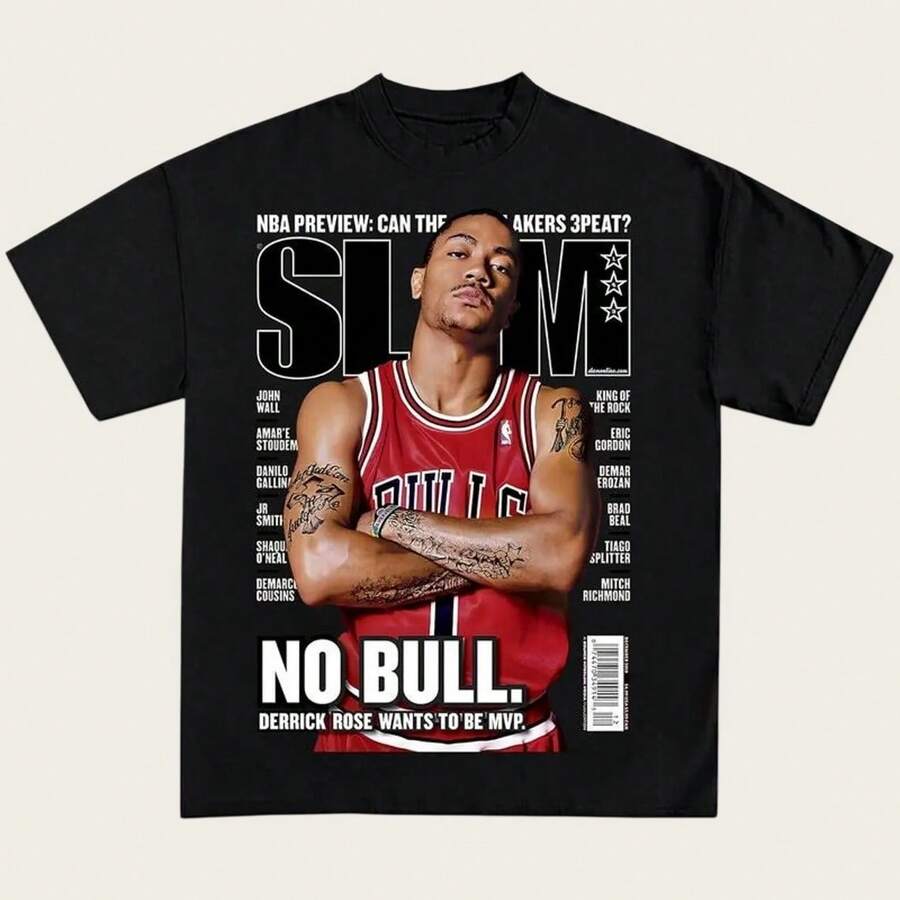 SLAM Magazine Derrick Rose T-Shirt – Vintage God's Plan Graphic Tee, Casual Short Sleeve Crew Neck Shirt, Basketball Fan Streetwear Top - màu đen - Xem 1