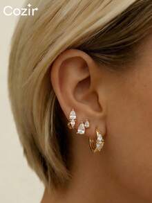 Bộ 3 đôi bông tai hình giọt nước bằng đồng đính đá Zirconia thanh lịch, phù hợp cho phụ nữ đeo hàng ngày, dự tiệc hoặc làm quà tặng Ngày của Mẹ. - Nhiều màu - Xem 1
