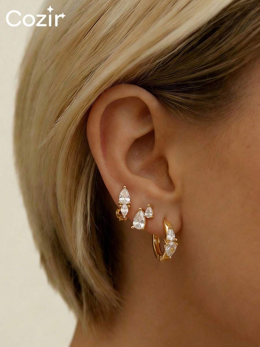 Bộ 3 đôi bông tai hình giọt nước bằng đồng đính đá Zirconia thanh lịch, phù hợp cho phụ nữ đeo hàng ngày, dự tiệc hoặc làm quà tặng Ngày của Mẹ. - Nhiều màu - Xem 1