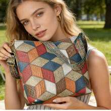 Women's Colorful Patchwork Tote Bag, Retro Quilted Shoulder Bag, Commuter Underarm Bag - Volcanic Gray - View 5