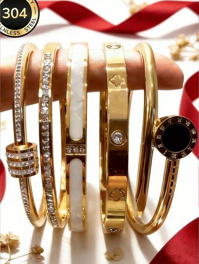 5/1pc - Made Of 304 Stainless Steel With Excellent Color Fastness! Exquisite Design, Inlaid With Full Diamond Zirconia, Four-Leaf Clover Shape Inlaid With Zirconia, Black Dial With Roman Numerals. Can Be Worn Alone Or Stacked, Hypoallergenic And Non-Fading, The Perfect Accessory For Professional Occasions And Dates, Exuding Absolute Elegance.