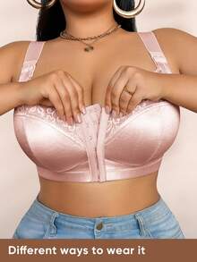 Plus Size Women's Wireless Bra, Front Closure, Supportive & Lifting, Soft & Breathable, Daily Wear - Pink - View 6