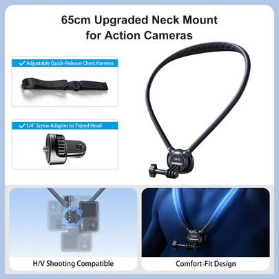 Giá đỡ đeo cổ Llano 65cm kèm dây đeo ngực, tương thích với Osmo Pocket 3, Nano, Action 6/5/4/3, Hero 13/12/11/10/9/MAX, Insta 360 X5/X4/Ace Pro 2, giá đỡ đeo cổ cho camera hành động với bộ chuyển đổi 1/4".