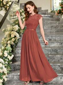 MIUSOL 花卉蕾丝短袖雪纺系带长款正式派对礼服，优雅女士派对礼服，舞会礼服，婚礼宾客礼服，毕业典礼礼服，夏季晚宴礼服 - 鏽棕色 - 查看 6