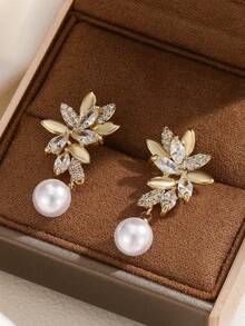 1 Set Stainless Steel Chain Zirconia Leaf Pendant Fashion Necklace & Earrings Jewelry, Gift Accessory - Leaf Pearl - View 5
