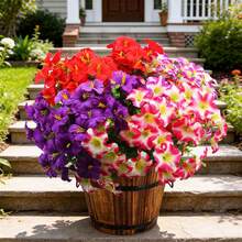 4 Color 8 Bunches Artificial Morning Glory Flowers With Eucalyptus Leaves, Outdoor Plastic Floral Decor For Balcony, Yard, Garden, Porch - Multicolor - View 6