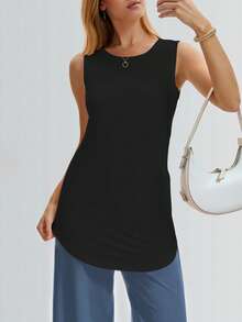 Women's Long Casual Round Neck T-Shirt, Loose Side Basic Top, Spring/Summer - Black - View 4