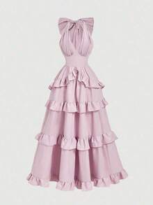 Women's Elegant Lilac Purple Deep V Neck Halter Multi-Layered Ruffle Waist Cinched Flowy A-Line Maxi Dress, Boho Fairy Tale Long Gown For Beach Vacation Wedding Guest Prom Party, Plus Size Available - 黑色 - 查看 7