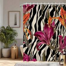 2D Flat, 2D Flat, 1pc 2D Flat Floral Zebra Print Shower Curtain Elegant Lily Flowers And Striped Background Bathroom Decor Polyester Fabric Bath Curtain For Tub Separation 70.8X70.8 Inch With 12pcs Hook - Phong cách hình ảnh chính - Xem 2